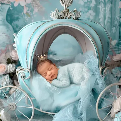 A fairytale dream come true. This newborn prince is sleeping in a magnificent blue Cinderella carriage, a magical moment created with digital art.
