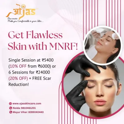 Achieve flawless skin with our MNRF treatment. This graphic details our special offer, including a single session discount or a package of 6 sessions with a free scar reduction treatment.