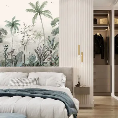 A stunning bedroom where my custom tropical wallpaper creates a serene and immersive environment. The detailed, panoramic mural of palm trees and foliage turns the entire wall into a breathtaking focal point.