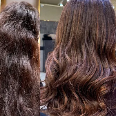 This is a prime example of a color correction and health transformation. We took this hair from frizzy and undefined to a rich, glossy chocolate brown with seamless balayage highlights, all while restoring its health.