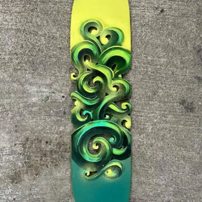 This is what I call 'DKRYPT DA BOARD'. I take old skate decks and give them a new life with my Masala Style, carving and painting 3D Hindi letters. Each one is a unique, hand-made piece of art.