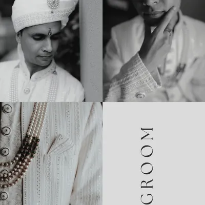 A stylish black and white collage dedicated to the groom, showing close-up details of his attire, his thoughtful expression, and a classic portrait.