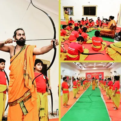 A collage showing the core of my teaching method. I demonstrate the correct posture and draw, followed by classroom sessions on philosophy and group practice to ensure a holistic understanding of Dhanurvidya.