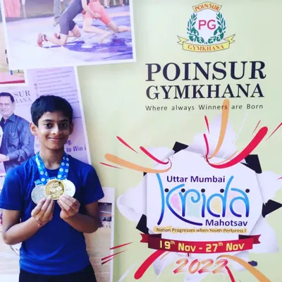 My little champion Devaj Parekh with his medals from the Poinsur Gymkhana Athletics Meet. He won gold and three silvers, earning the Individual Championship trophy.