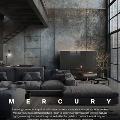 An AI-generated interior concept inspired by the planet Mercury. This soaring, open-concept loft uses raw concrete, metallic accents, and floor-to-ceiling windows to evoke the planet's rugged, sun-exposed nature.