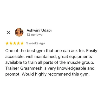 A 5-star review from a happy client. We pride ourselves on being a well-maintained gym with great equipment and knowledgeable, prompt trainers.