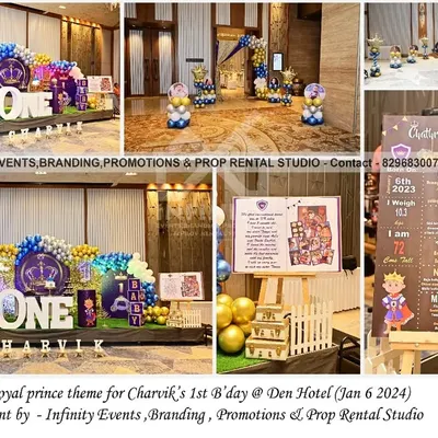 A magnificent Royal Prince theme for Charvik's first birthday at the Den Hotel. The stage is set with a gold sequin backdrop, a massive "ONE" table, and a rich blue and gold balloon arrangement, creating an atmosphere of pure luxury.