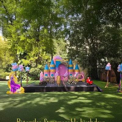 We create fairytale birthdays for your little ones. This Rapunzel-themed castle setup on our lawn turned a birthday party into a magical kingdom for a day.