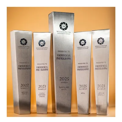 Our collection of WeddingSutra Photography Awards over the years. Each trophy represents a story we were trusted to tell and our dedication to pushing creative boundaries.