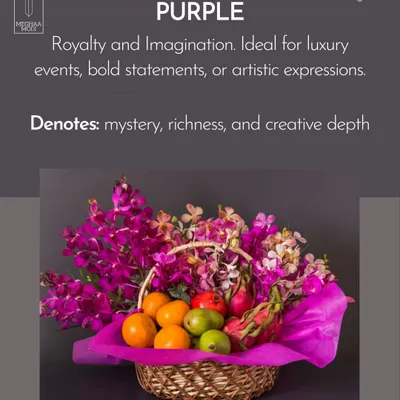 A vibrant purple fruit and flower basket, showcasing the use of color to convey luxury and creativity.