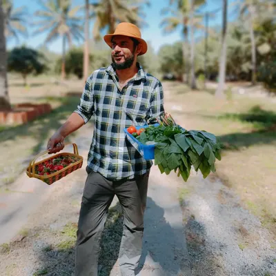 Our farm manager, Hemanth, with a fresh harvest of strawberries, tomatoes, and greens. He ensures a regular supply of produce from our pods to our partners at Farmlore.