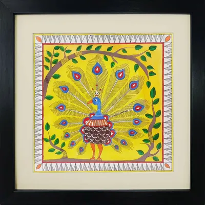 A classic Madhubani painting by Neha Kumari featuring a peacock with its feathers on full display. The artwork is filled with the fine lines, bright colors, and natural motifs that are hallmarks of this beautiful folk art style.