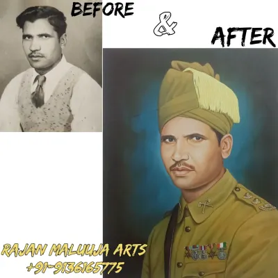 This is the magic of memorial art. On the left is the old, black-and-white photo provided by the client. On the right is the final painting, where I transformed his grandfather, a soldier from the British era, into a full-color, dignified portrait.