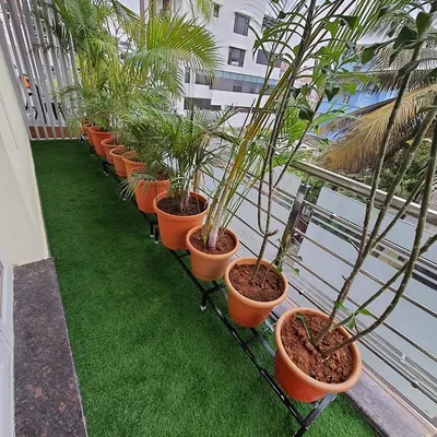 A narrow balcony transformed into a green corridor. Our custom-length stand fits perfectly along the railing, holding a row of plants without blocking the walkway.