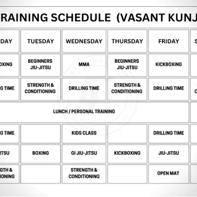 The complete training schedule for our Vasant Kunj facility. We offer a mix of classes throughout the day, including Kickboxing, Jiu-Jitsu, MMA, and Strength & Conditioning.