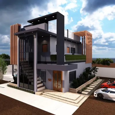 A 3D render of a contemporary bungalow, showcasing a dynamic facade with interlocking volumes, wood cladding, and large glass windows that create a powerful architectural statement.