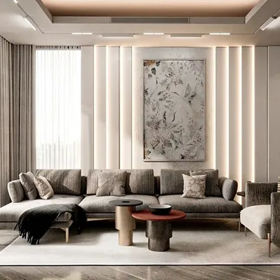 A duplicate of our sophisticated living room render. This image shows the harmonious blend of a large sectional sofa, textured accent wall, and recessed ceiling lights.