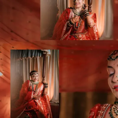 A collage of the bride in her stunning red wedding saree, capturing her laughter and serene moments before the ceremony.
