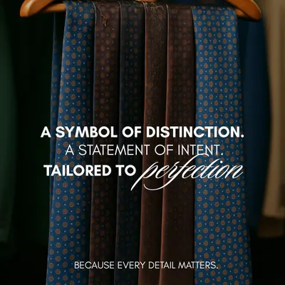 A tie is a symbol of distinction and a statement of intent. This collection of custom neckties, hanging in shades of blue and brown with varied patterns, is tailored to perfection because we believe every detail matters in crafting your look.