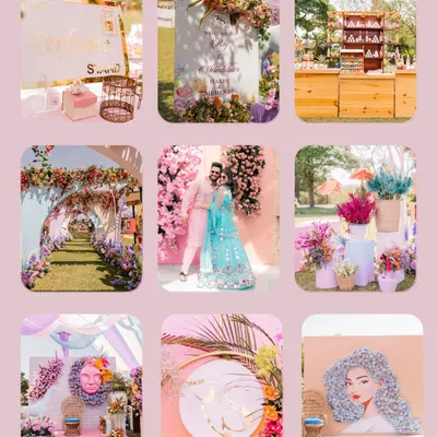 A mood board showcasing the stunning pastel carnival theme, featuring unique decor elements like floral arches, custom art, and a beautifully arranged bar.