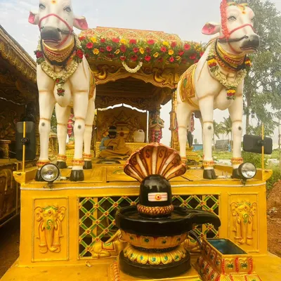 I specialize in decorating procession chariots (Ratha Gadi), creating elaborate mobile stages with deity statues, like this one featuring Lord Shiva and Nandi.
