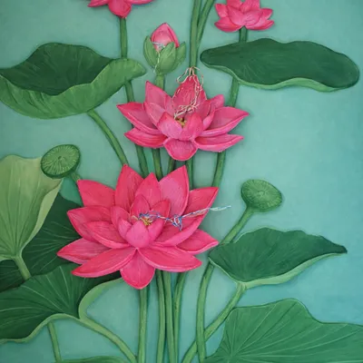 The completed Lotus mural, designed for a sacred setting. The final piece includes sculpted dragonflies and varying depths in the petals and leaves to create a dynamic yet peaceful composition that interacts with the light in the room.