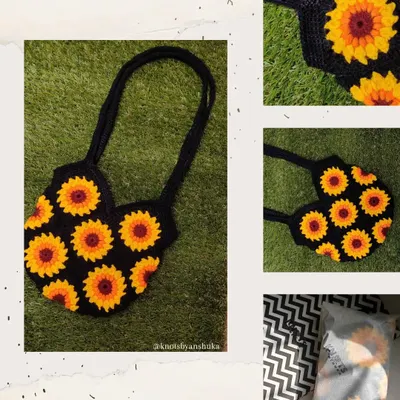 My sunflower tote bag, made from dozens of individual granny squares stitched together. It's a statement piece that's both beautiful and functional.
