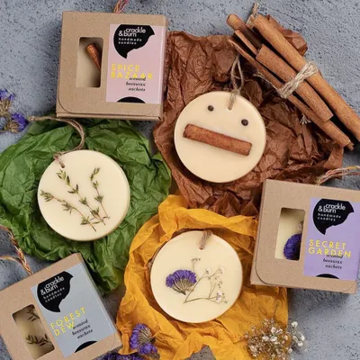 My beeswax sachet hamper is a wonderful gift. This image shows the variety of scents and botanicals I use, from Forest Dew with thyme to Secret Garden with purple flowers.