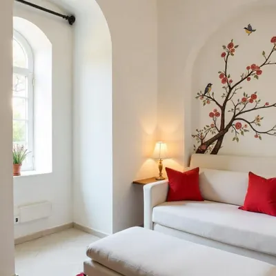 This AI-generated concept shows how a simple, elegant floral mural can add a touch of serenity to a minimalist space. The artwork climbs the wall behind the sofa, creating a focal point that is both artistic and calming.