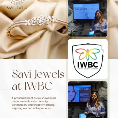 It was a proud moment for me to present Savi Jewels at the Indian Women's Business Club (IWBC). This collage shows me sharing my journey, our brand's commitment to craftsmanship, and the importance of certification with a community of inspiring women entrepreneurs.