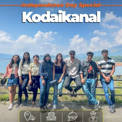 A group of friends posing by the lake in Kodaikanal. Our trips here are perfect for a relaxed and scenic weekend.