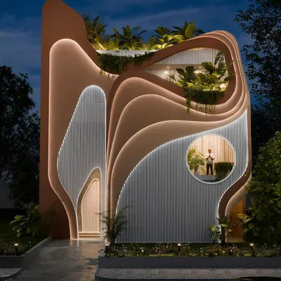This is our "Water & Wind" residence, where the facade flows like a living sculpture. At night, integrated lighting highlights the structure's organic curves and shifting forms, creating a dramatic interplay of light and shadow that is both shelter and art.