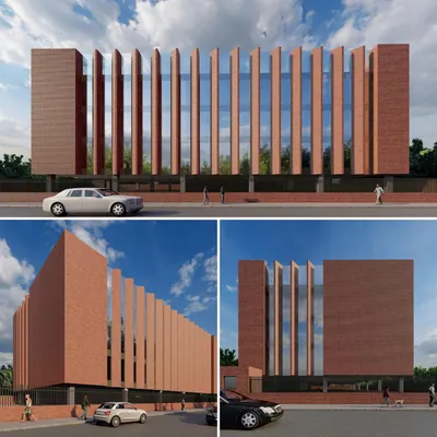 Renderings for a low-rise office building in Noida, designed with solar passive architecture. The angled vertical fins are precisely oriented to block harsh sunlight while allowing ambient light, reducing the need for artificial cooling and lighting.