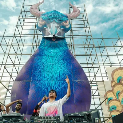 Performing at a Holi festival with this incredible, massive stage art behind me. The scale of these events is just breathtaking.