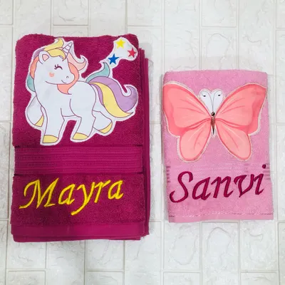 Make bath time more fun with a personalized towel. Here are two I made: a vibrant magenta towel with a unicorn for Mayra, and a soft pink one with a butterfly for Sanvi.