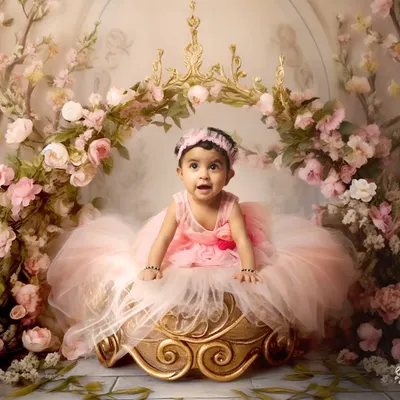 A princess theme photoshoot with a beautiful floral arch and a royal seat. I have a wide variety of gowns and props to make your little girl feel like royalty for a day.