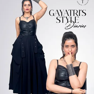 I'm back. In this series, I'll be styling stunning pieces from my own rental collection. This first look features a black gown with a faux leather bustier, showing its edgy side.