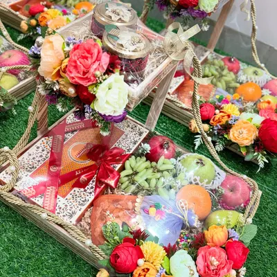 Wedding Da Shagan. This all-in-one tiered hamper is the perfect return favor, filled with fresh fruits, sweets, and dry fruits. It's a gift of health and happiness that your loved ones will cherish.