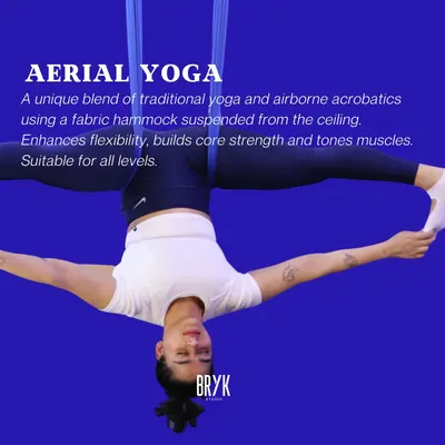 A quick guide to Aerial Yoga. It's a unique blend of traditional yoga and acrobatics that enhances flexibility and builds core strength, suitable for all levels.