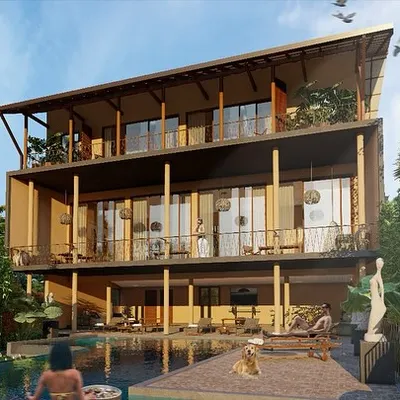 This render shows the Calangute Villa in Goa, a five-bedroom family home designed to embrace its location. The multi-level structure opens up to a pool and terraced edible gardens, with views of undisturbed paddy fields.