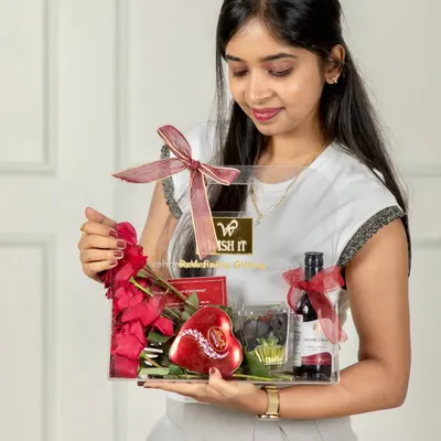 Holding "The Love Affair" acrylic gift bag, a design I'm so proud of. It’s the first of its kind in Bangalore, created to be a chic and reusable keepsake long after the wine and chocolates are gone.