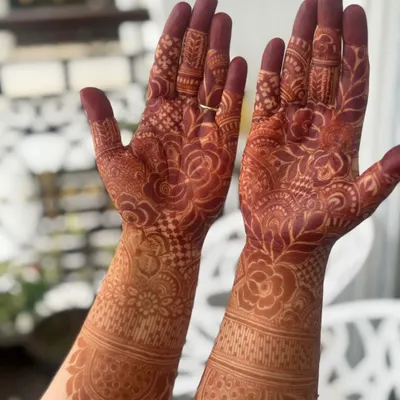 This is the beautiful, deep reddish-brown stain you can expect from my 100% organic mehendi paste. This photo is taken after the paste has been removed, showing the quality and richness of the natural ingredients.