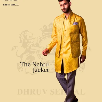The Nehru jacket is a masterpiece of versatility. Here, it's layered over a matching yellow kurta, with intricate line-work detailing that tells a story of heritage and craftsmanship.