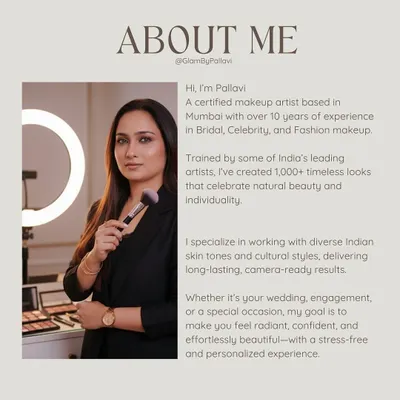A little bit about me. I am a certified makeup artist with over 10 years of experience, specializing in creating timeless, camera-ready looks that celebrate natural beauty and individuality.