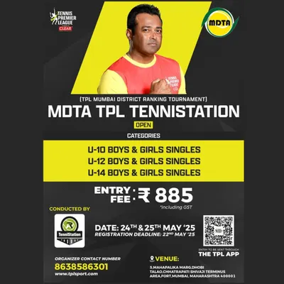Our MDTA TPL TenniStation Open poster, detailing the categories for U-10, U-12, and U-14 boys and girls singles. These tournaments are key for earning district ranking points.