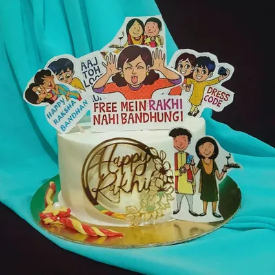 A fun and quirky Raksha Bandhan cake with a cartoon theme that perfectly captures the sibling bond.