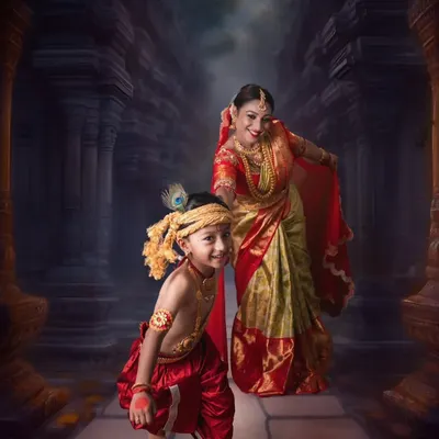 A beautiful concept shoot capturing the divine bond between Yashoda and Krishna. The mother is draped in our traditional red and gold silk saree, perfect for this mythological theme.