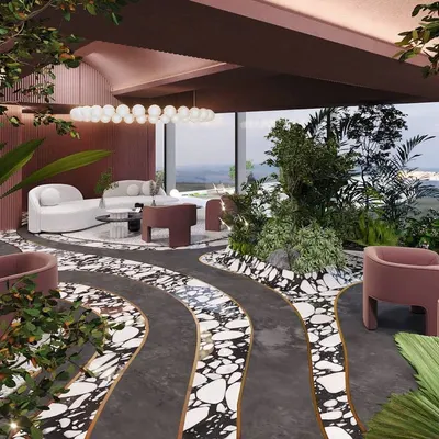 A render of our 'Spiced Martini' bar and lounge concept. Inspired by a flowing stream, the design uses layered terrazzo and lush green islands to create a sense of natural movement and magical realism within a luxury space.