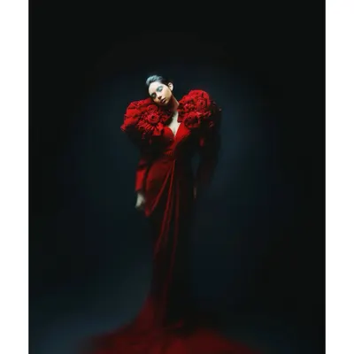 A dramatic portrait from my 'Athena' series for Sigma. The model is styled in a magnificent red gown with floral shoulder details, emerging from a dark background. The lighting is minimal and focused, creating a sense of powerful solitude.
