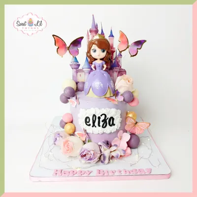 A beautiful cake for a fan of Sofia the First. This design features the princess standing before her castle, surrounded by butterflies, flowers, and soft purple and pink details for a truly royal celebration.